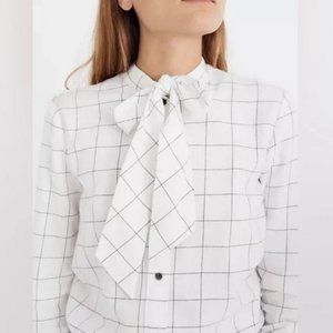 Madewell Flannel Windowpane Tie-Neck Button-Up Shirt in XS